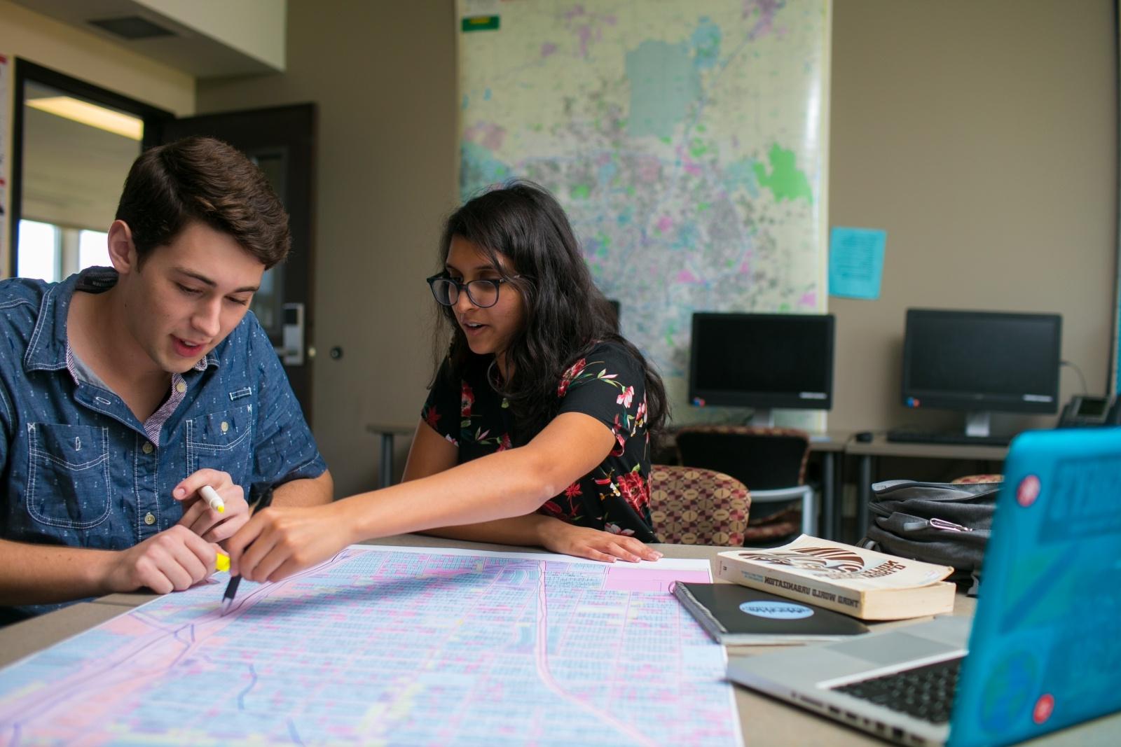 Students examine GIS map